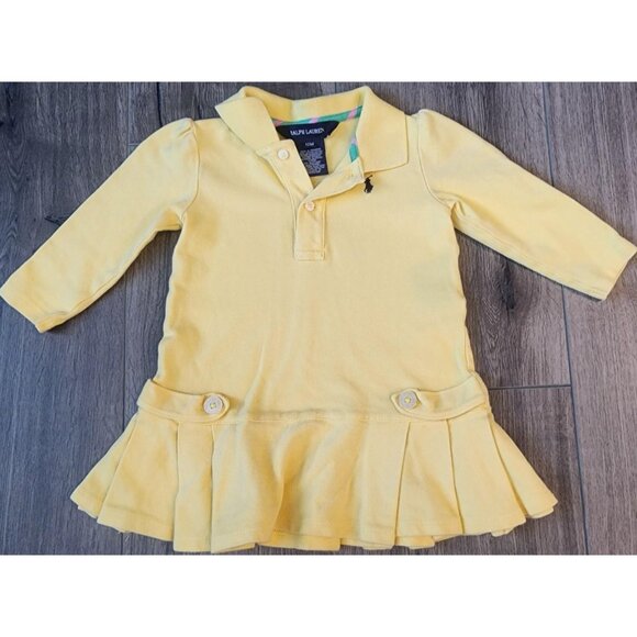 Ralph Lauren Dress Girls 12M Yellow Long Sleeve Polo Pleated Skirt Classic Logo - Picture 1 of 12